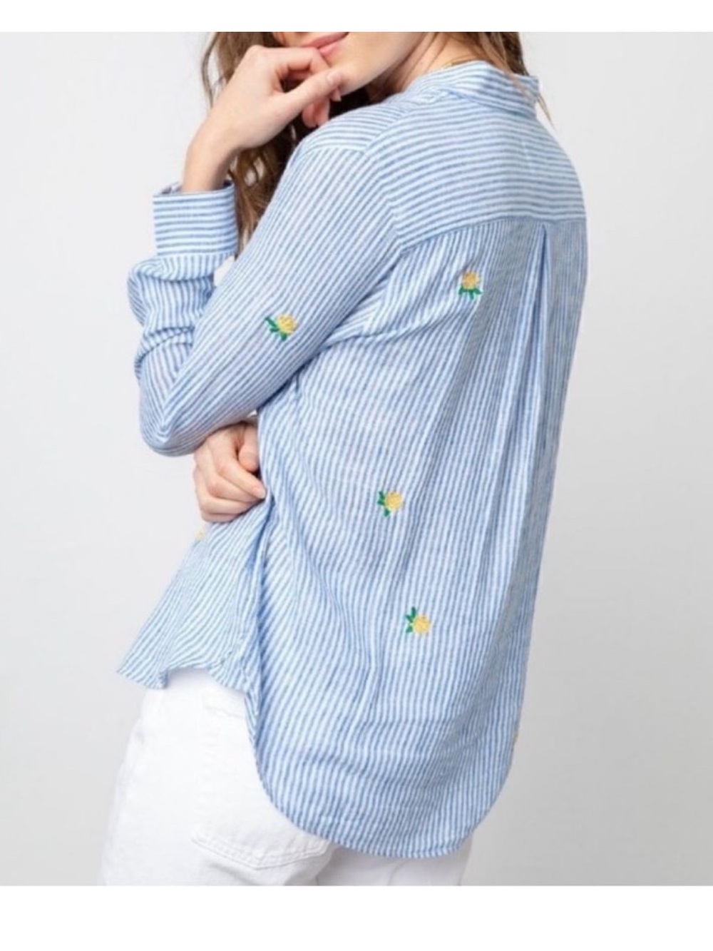 Rails L Charli Blue White Vertical Stripes Yellow Green Embroidered Roses Shirt - Picture 3 of 15